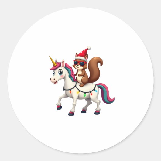Christmas Lights Squirrel Riding Unicorn T-Shirt ( Runder Aufkleber (Vorderseite)