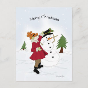 Christmas Little Girl and Snowman Feiertagspostkarte