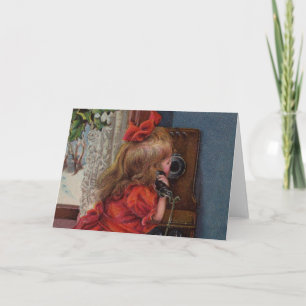Christmas Little Girl Telefone Antique Feiertagskarte