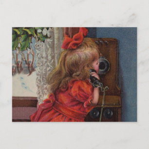 Christmas Little Girl Telefone Antique Feiertagspostkarte
