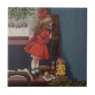 Christmas Little Girl Telefone Antique Fliese