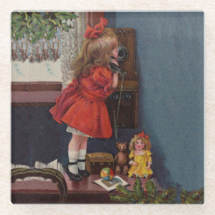 Christmas Little Girl Telefone Antique Glasuntersetzer