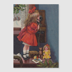 Christmas Little Girl Telefone Antique Magnetkarte