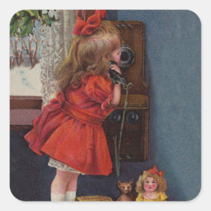 Christmas Little Girl Telefone Antique Quadratischer Aufkleber