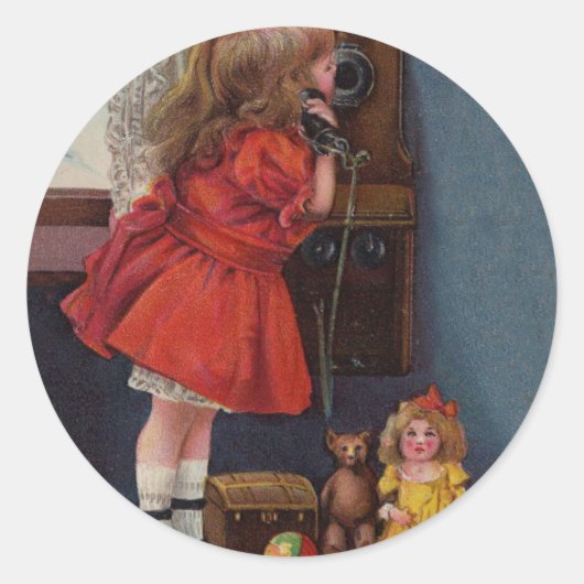 Christmas Little Girl Telefone Antique Runder Aufkleber (Vorderseite)