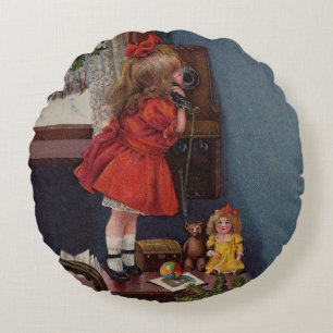 Christmas Little Girl Telefone Antique Rundes Kissen