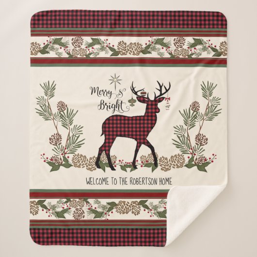 Christmas Lodge Merry Bright Deer Buffalo Plaid Sherpadecke (Vorderseite)