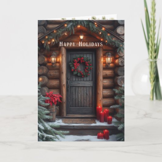 Christmas Log Cabin Pine Trees Red Poinsettia Karte (Vorderseite)