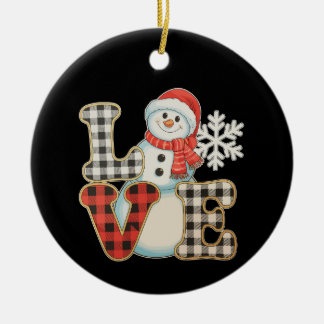 Christmas Love Cute Snowman Buffalo Plaid Winter Keramik Ornament