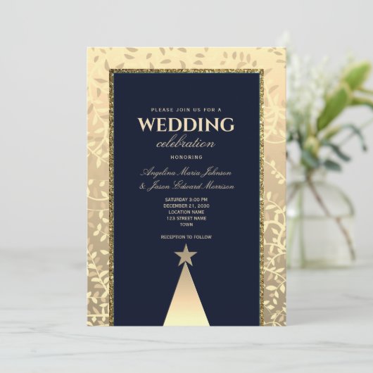 Christmas Luxury Gold Navy Blue Wedding Einladung (Stehend Vorderseite)