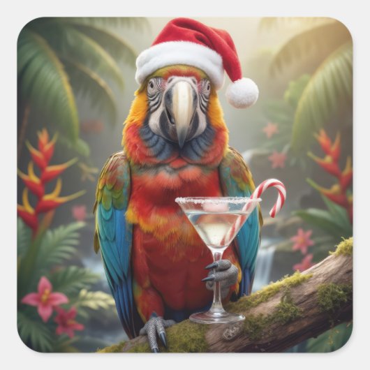 Christmas Macaw Parrot With Martini Cocktail Quadratischer Aufkleber (Vorderseite)