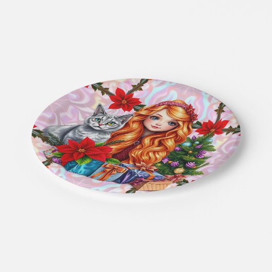 CHRISTMAS MÄDCHEN UND KATZE ~ Hübsch Pappteller (Schrägansicht)