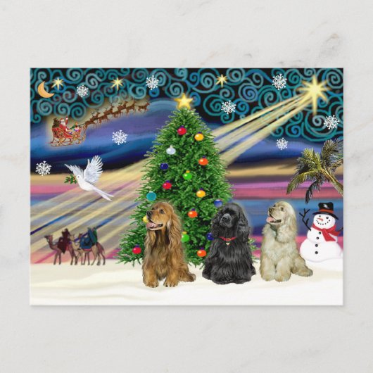 Christmas Magic Cocker-Spaniels (drei) Feiertagspostkarte (Vorderseite)