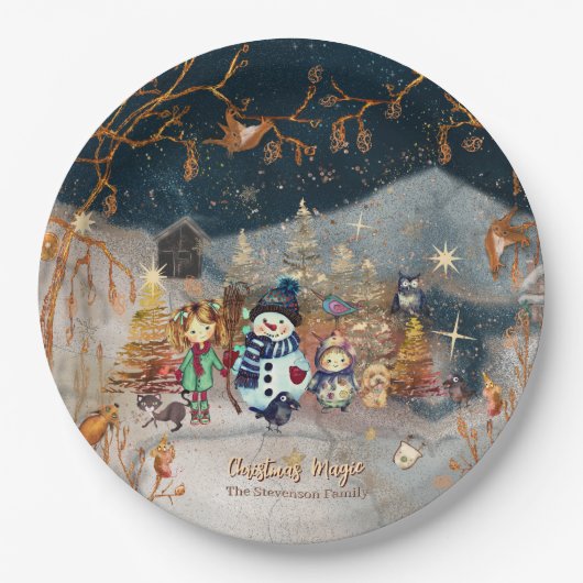 Christmas Magic Snowman Blue Pappteller (Vorderseite)