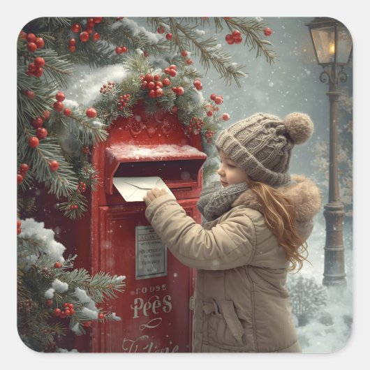 Christmas mailbox cute festive winter holiday art quadratischer aufkleber (Vorderseite)