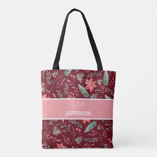 Christmas Maroon Red Green Blume Monogram Tasche (Rückseite)