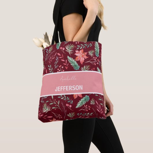 Christmas Maroon Red Green Blume Monogram Tasche (Von Nahem)