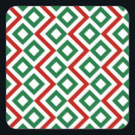 Christmas Meander Quadratischer Aufkleber<br><div class="desc">Dieses gewagte geometrische Muster in Grün, Weiß und Rot ist ein originelles Dekorationsdesign, das sich perfekt für Weihnachten eignet. Grüne Diamanten mit weißen Zentren sind von weißen Mäandern umgeben, die um sie kreisen. Rote Zickzacksäcke trennen die gewundenen weißen Pfade und versetzen Diamanten. Digitales Bild. Copyright © 2013 Claire E. Skinner....</div>
