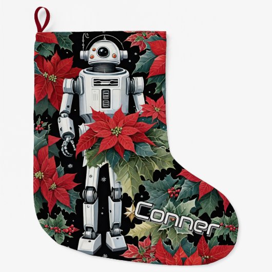 Christmas Mech Robot With Poinsettias Großer Weihnachtsstrumpf (Vorderseite)