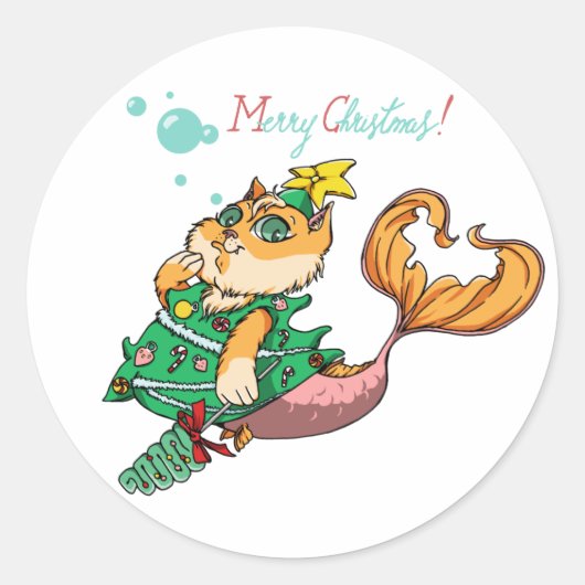 Christmas Mermaid Cat Runder Aufkleber (Vorderseite)