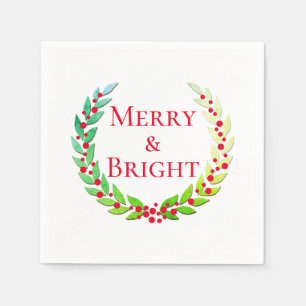 Christmas Merry & Bright Laurel Wreath Red Berries Serviette