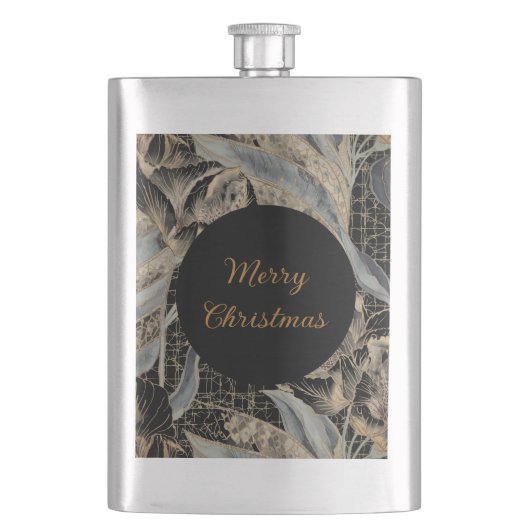 Christmas, Merry Christmas,Gold Blue Flowers Art Flachmann (Vorderseite)