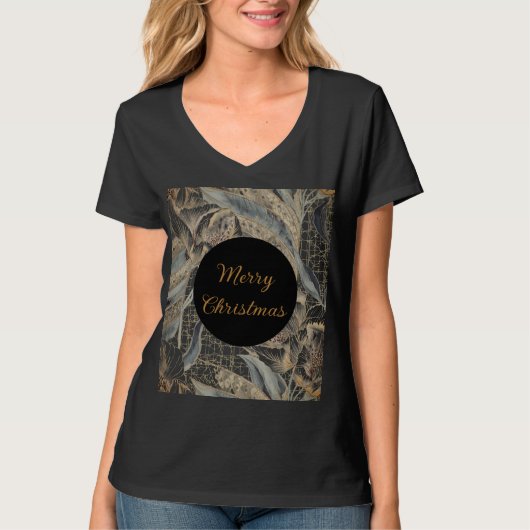 Christmas,Merry Christmas,Gold Blue Flowers Leaver T-Shirt (Vorderseite)