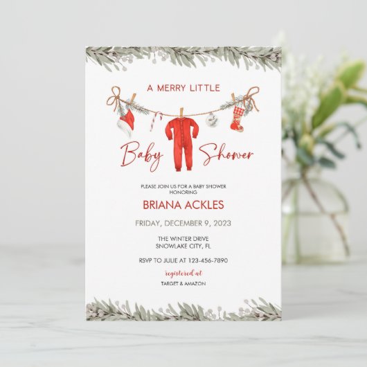 Christmas Merry Little Baby Dusche Einladung (Stehend Vorderseite)