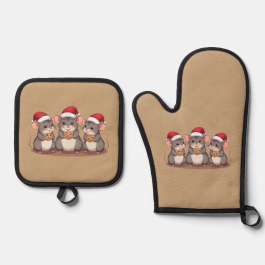 Christmas Mice Eating Santa's Cookies, Oven Mitt Ofenhandschuh & Topflappen-Set (Vorderseite)