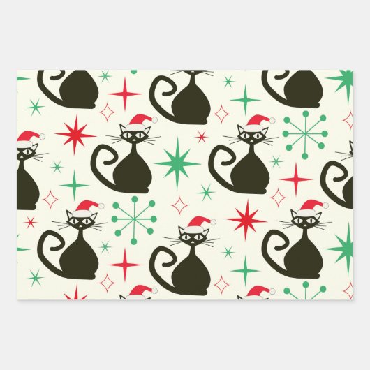 Christmas Mid Century Retro Atomic Cats Geschenkpapier Set (Vorderseite)