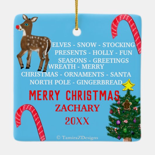 Christmas Mini 15 Word Puzzle Green Blue Keramikornament (Rückseite)