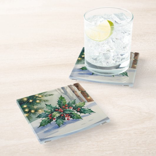 Christmas Mistletoe Holiday Watercolor Glasuntersetzer (Schrägansicht)