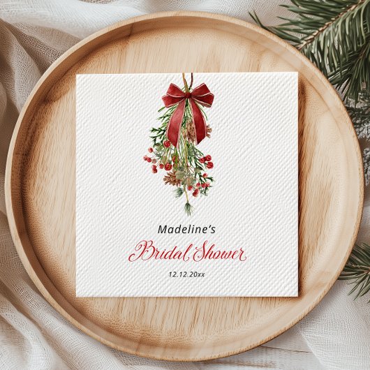 Christmas Mistletoe Red Bow Bridal Shower Serviette
