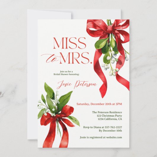 Christmas Mistletoe Red Bow Miss to Mrs Bridal Einladung (Vorderseite)