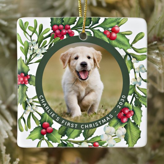 Christmas Mistletoe Wreath Custom Puppy Dog Foto Keramikornament