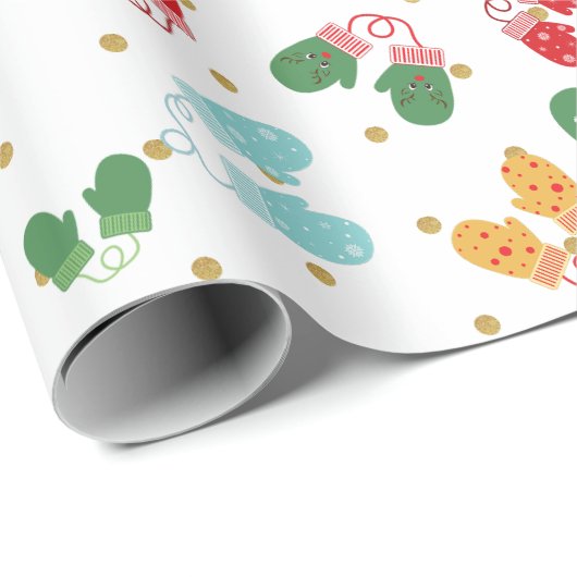 Christmas Mittens Red Green Gold Glitzer Pattern Geschenkpapier (Rolleneckpunkt)