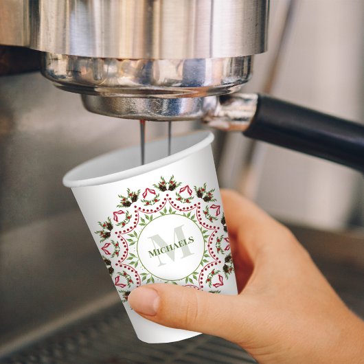 Christmas Monogram Family Greenery Foliage Wreath Pappbecher