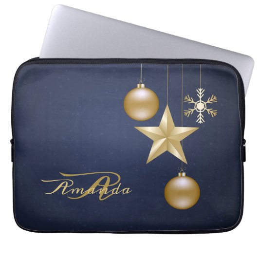 Christmas Monogram Golden Ornaments Navy Blue Laptopschutzhülle (Vorderseite)