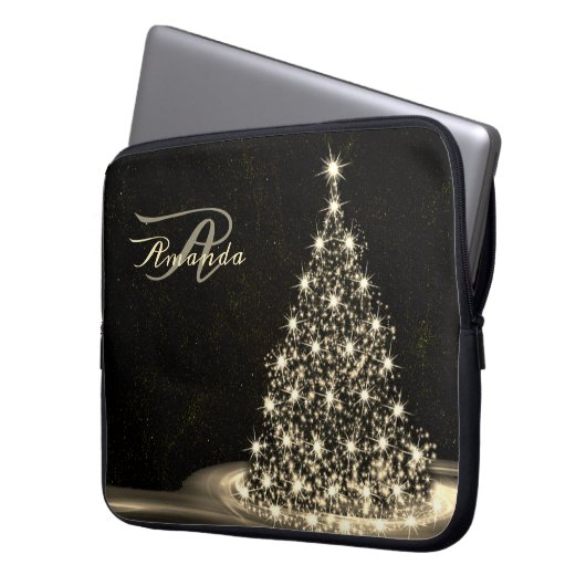 Christmas Monogram Golden Shiny Tree Winter Black Laptopschutzhülle (Vorderseite Links)
