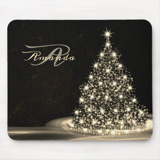 Christmas Monogram Golden Shiny Tree Winter Black Mousepad (Vorne)