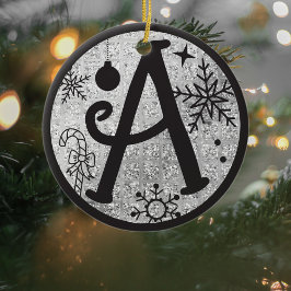 Christmas Monogram Letter A Black Silver Glitzer Keramik Ornament