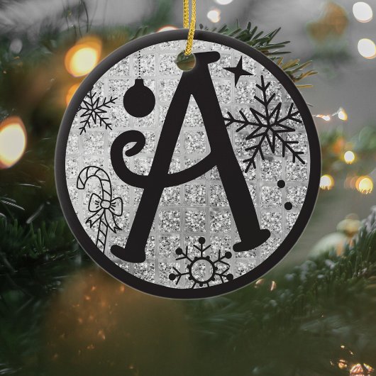 Christmas Monogram Letter A Black Silver Glitzer Keramik Ornament