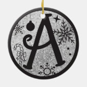 Christmas Monogram Letter A Black Silver Glitzer Keramik Ornament (Hinten)