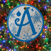 Christmas Monogram Letter A Blue Silver Glitzer Keramik Ornament