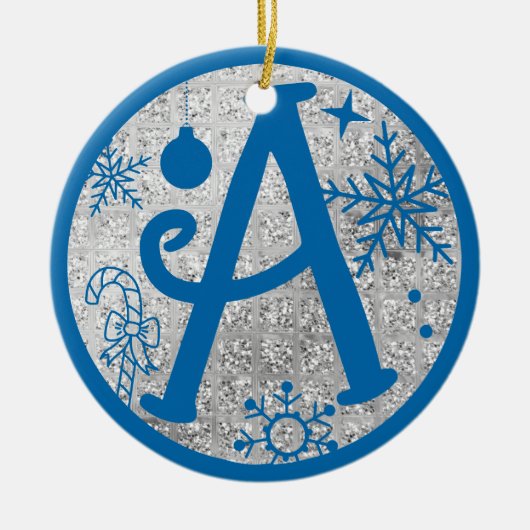 Christmas Monogram Letter A Blue Silver Glitzer Keramik Ornament (Vorne)