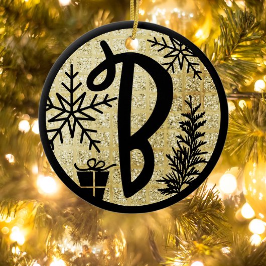 Christmas Monogram Letter B Black Gold Glitzer Keramik Ornament
