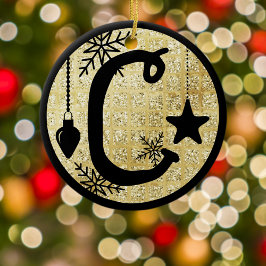 Christmas Monogram Letter C Black Gold Glitter Keramik Ornament