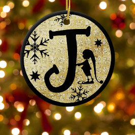 Christmas Monogram Letter J Black Gold Glitter Keramik Ornament