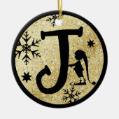 Christmas Monogram Letter J Black Gold Glitter Keramik Ornament (Vorne)