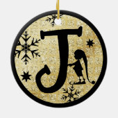 Christmas Monogram Letter J Black Gold Glitter Keramik Ornament (Hinten)